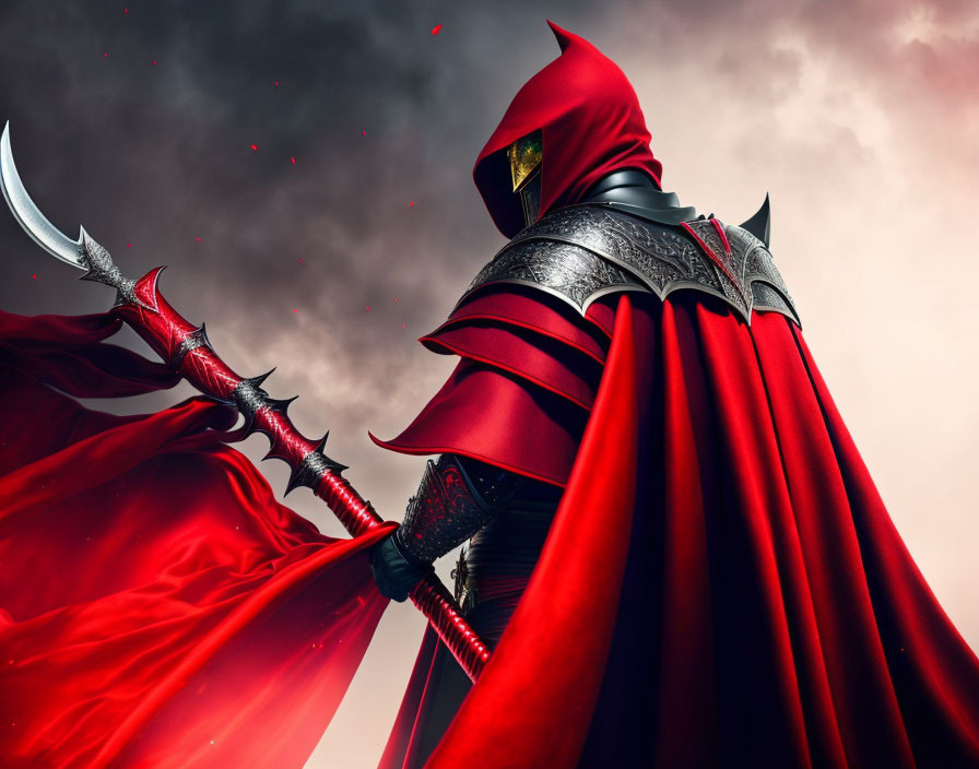 Red Cloaked Figure with Scythe in Dramatic Setting