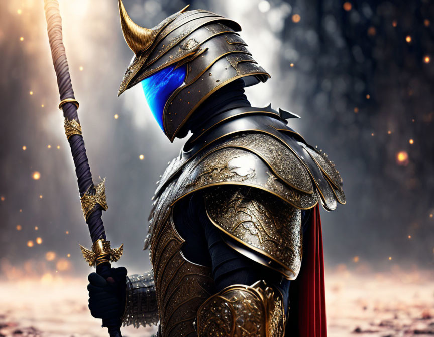 Knight in ornate armor with glowing blue visor in magical setting