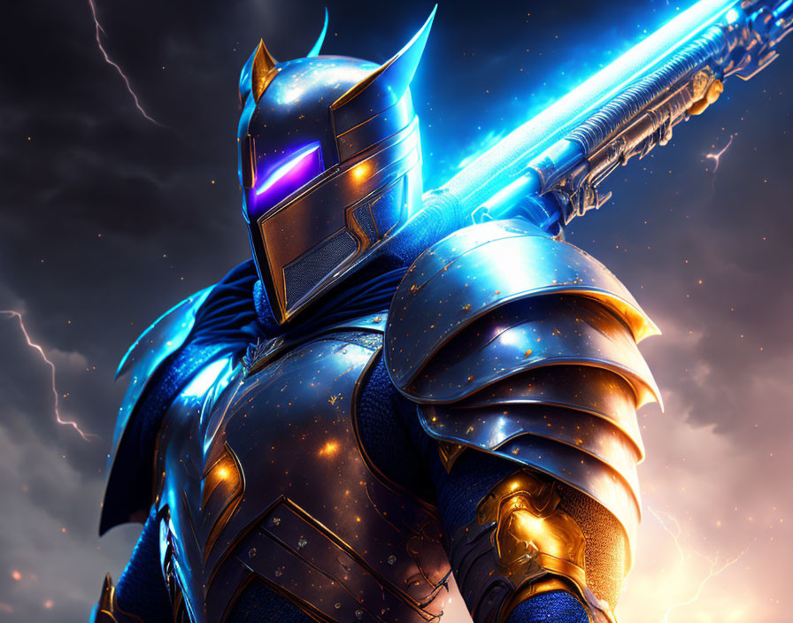 Futuristic knight in glowing blue and gold armor wields energy sword under stormy sky