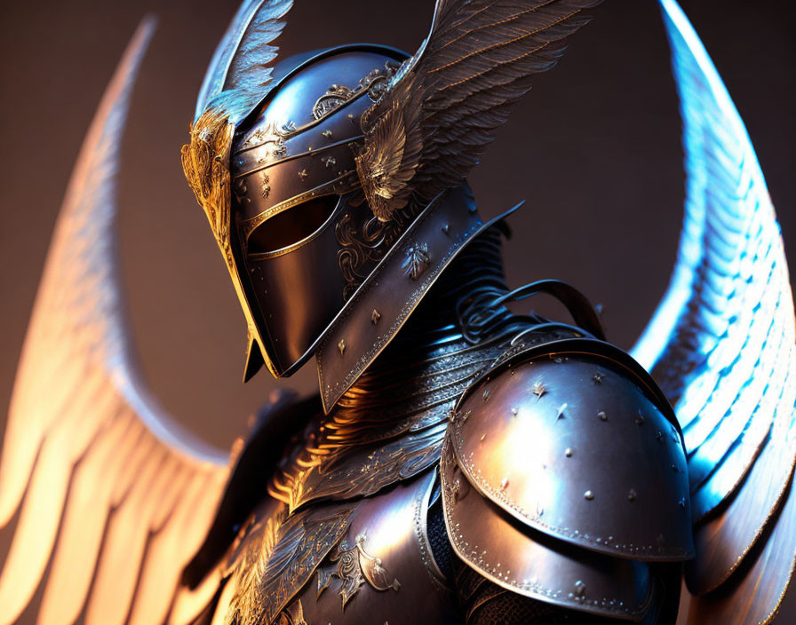 Knight in Winged Helmet in Ornate Armor on Warm Backdrop