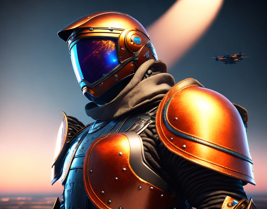 Armored astronaut in orange helmet under sunset sky with spacecraft.