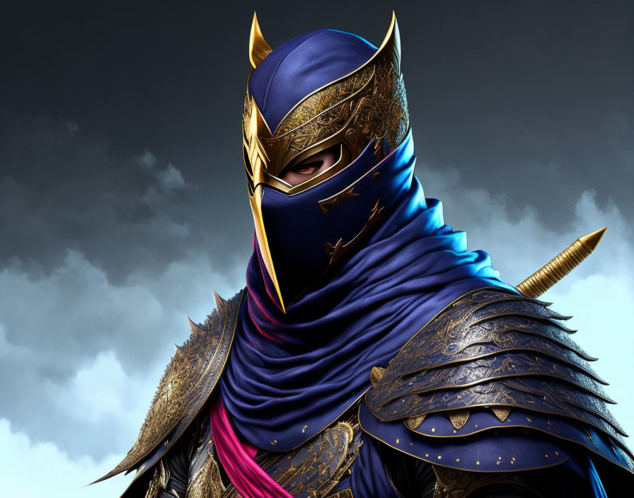 Detailed Illustration: Warrior in Blue & Gold Armor with Full-Face Mask on Stormy Sky