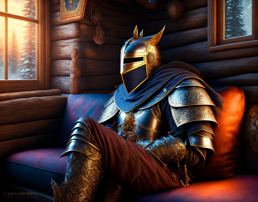 Knight in ornate armor sitting by window in cozy wooden interior