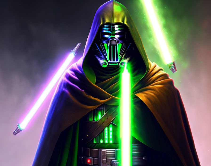 Cloaked Figure with Black Helmet Wielding Green and Purple Lightsabers in Cosmic Scene