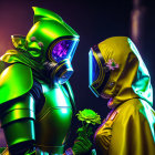 Futuristic green and yellow figures with helmets and flower under neon lights