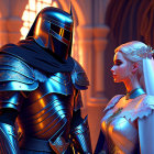 Medieval knight and noblewoman in ornate attire in neon-lit hall