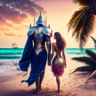 Medieval knight and woman in bikini on beach at sunset