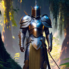 Ornate knight in shining armor in sunlit forest