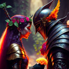 Armored knight and female elf with flowers in misty forest.