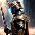 Knight in ornate armor with glowing blue visor in magical setting