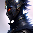 Close-up of person in black and gold knight's helmet with feathers and red eyes