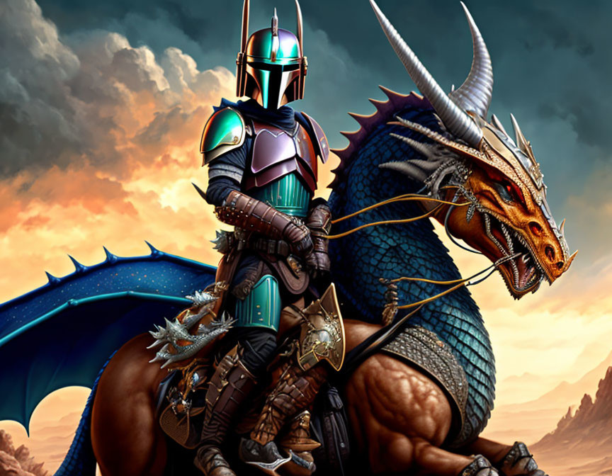 Futuristic warrior on dragon with spear and shield in fantasy scene