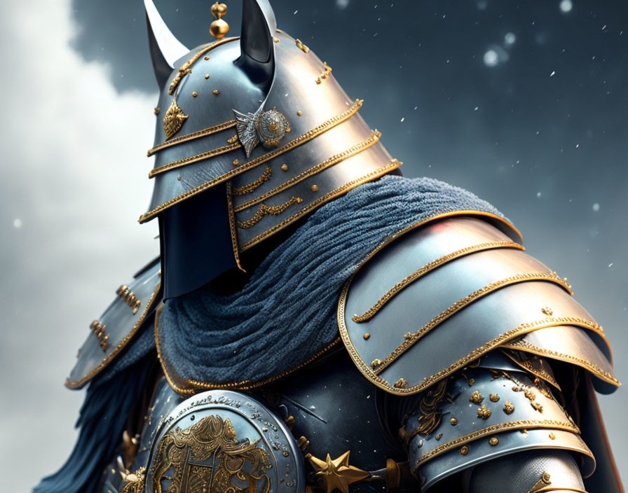 Knight in Blue and Gold Armor under Cloudy Sky