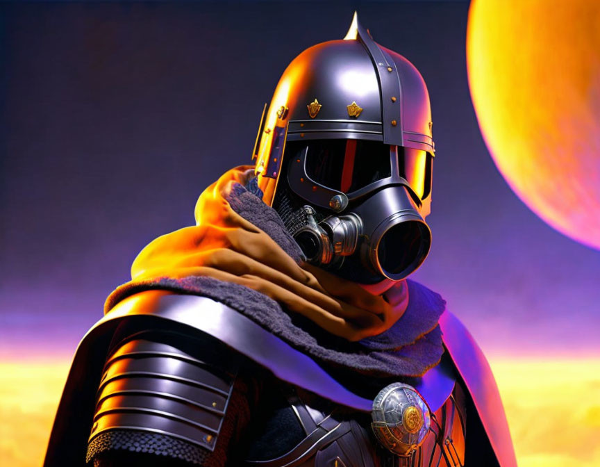 Medieval knight helmet with futuristic respirator in front of orange sky and planet