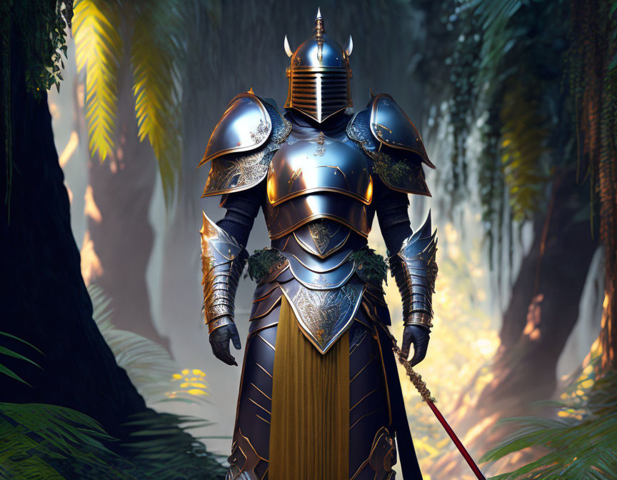 Ornate knight in shining armor in sunlit forest