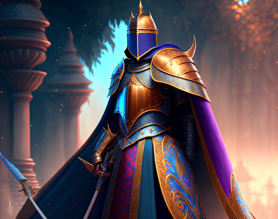 Armored knight in blue and gold plate armor with long sword in glowing forest.