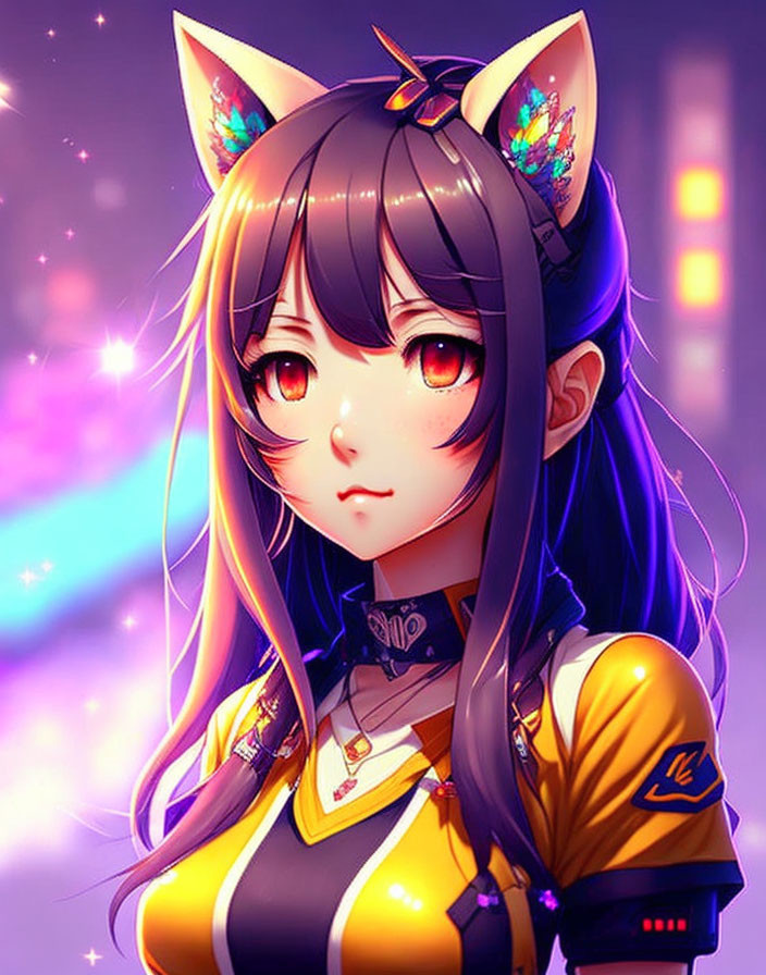 Anime-style girl with cat ears and red eyes in yellow-black outfit on purple background