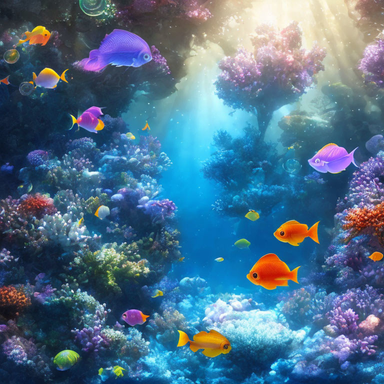 Underwater Scene: Colorful Fish and Coral Reefs in Sunlit Ocean