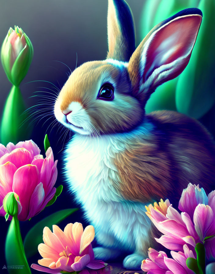 Colorful digital artwork featuring fluffy rabbit in tulip garden