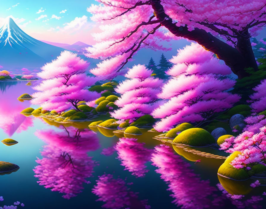 Cherry Blossoms Surround Serene Lake & Mountain Scene