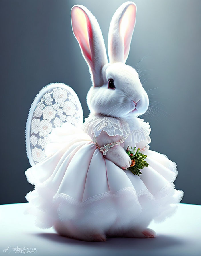 Anthropomorphic white rabbit in elegant ball gown with lace and floral details