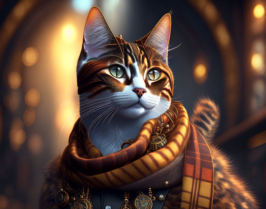 Detailed anthropomorphic cat illustration with steampunk accessories.