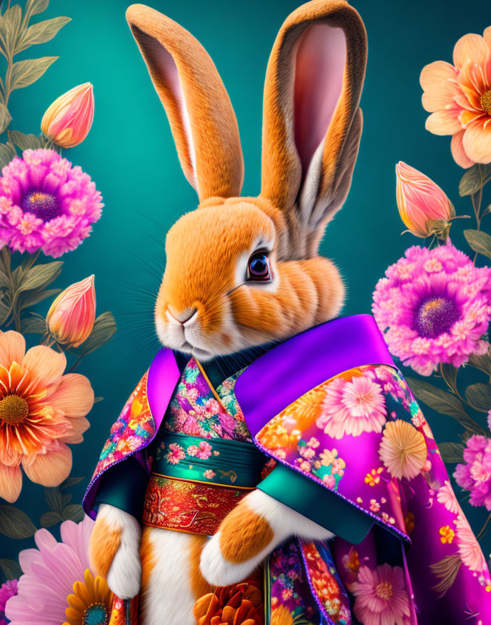 Stylized rabbit in floral kimono among vibrant flowers