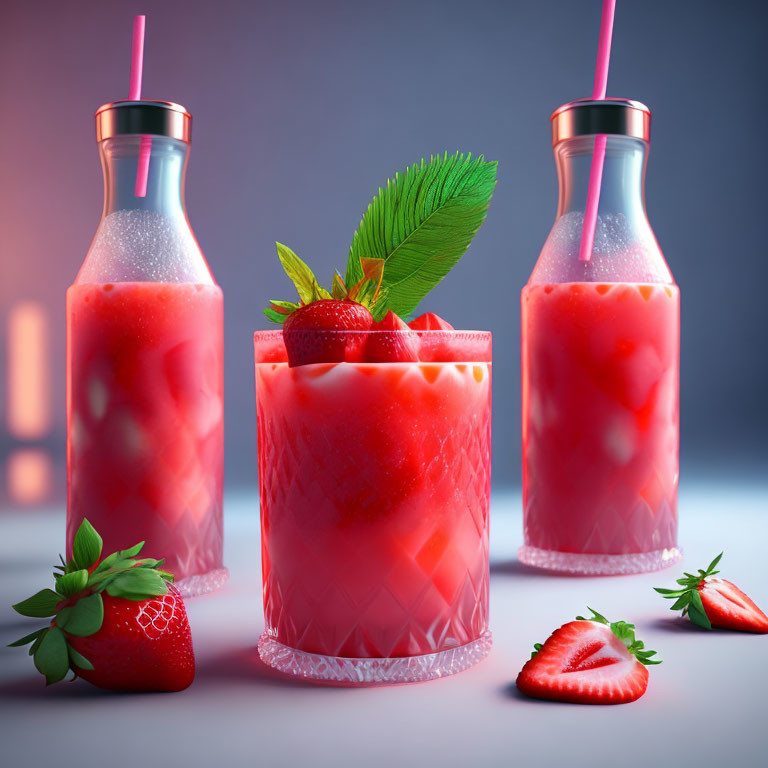 Strawberry smoothie in textured glass with garnish and fresh strawberries