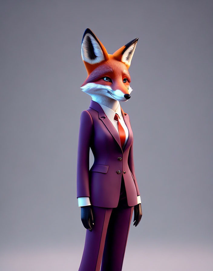 Anthropomorphic Fox in Purple Suit with Blue Tie Standing Confidently