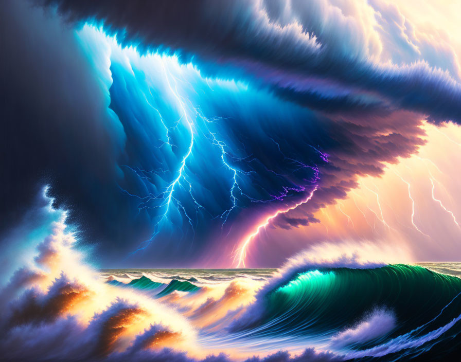 Dramatic ocean waves under stormy sky in blue-purple hues