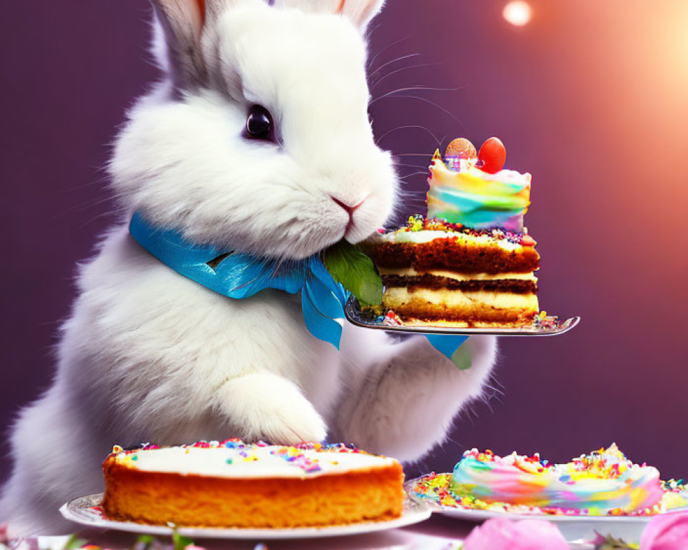 White Rabbit with Blue Bow Tie and Colorful Cake on Purple Background