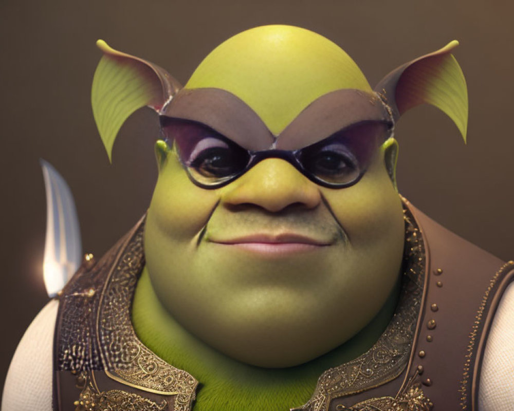 Detailed 3D Rendering of Smug Shrek on Brown Background