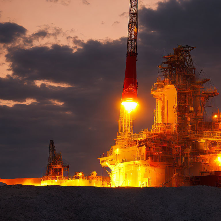 Offshore oil rig at sunset with warm lights and vibrant orange clouds