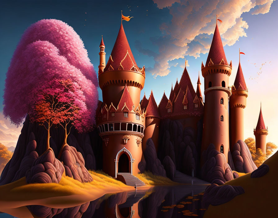 Fantastical castle with spires and pink trees on rocky terrain