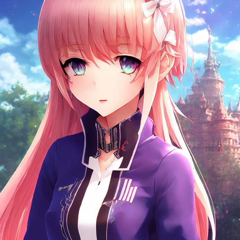 Pink-haired anime girl in blue outfit at castle under blue sky