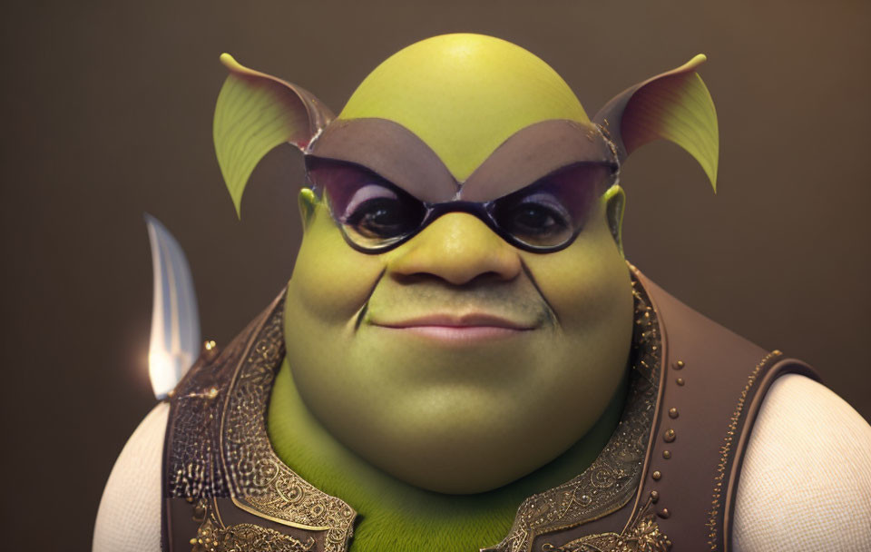 Detailed 3D Rendering of Smug Shrek on Brown Background