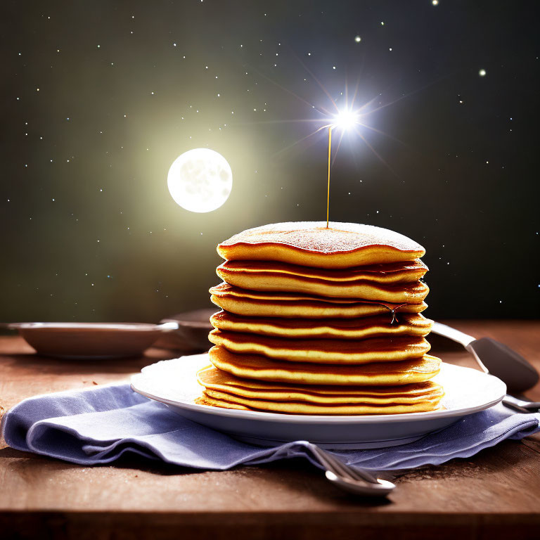 Golden pancakes with syrup on a plate under starry night sky