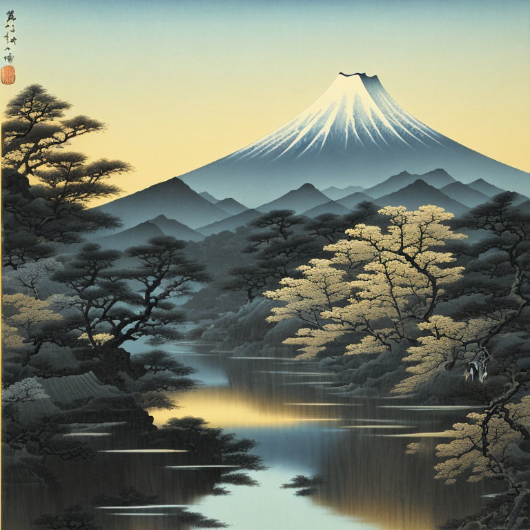 Japanese landscape: Mount Fuji, river, pine and sakura trees at twilight