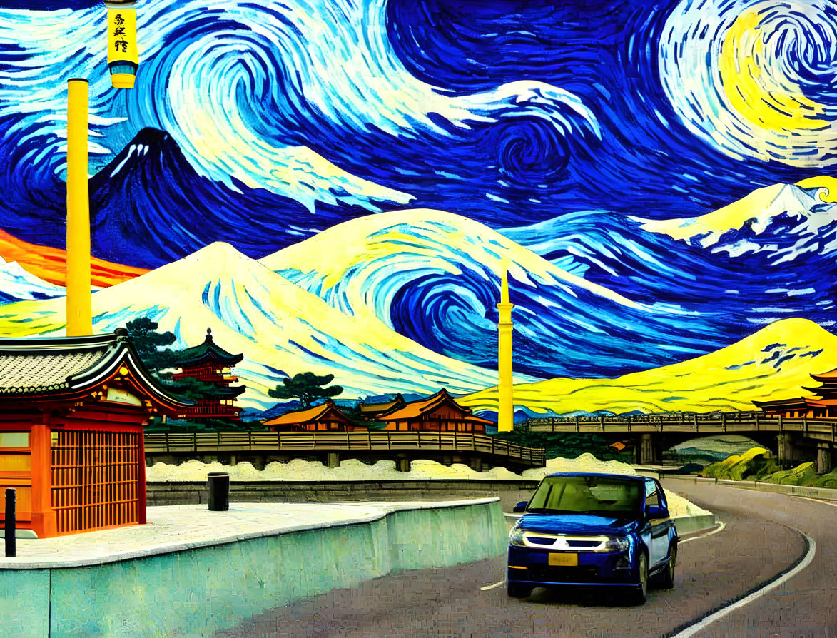 Colorful artwork: Car on curved road with Van Gogh-style sky, Mount Fuji, Japanese architecture