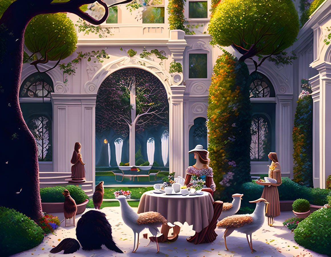 Elegant garden scene with three women, peacocks, tea setup, fountain, and classical architecture