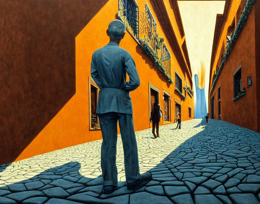 Man in suit at forked cobblestone path between orange alley and blue space