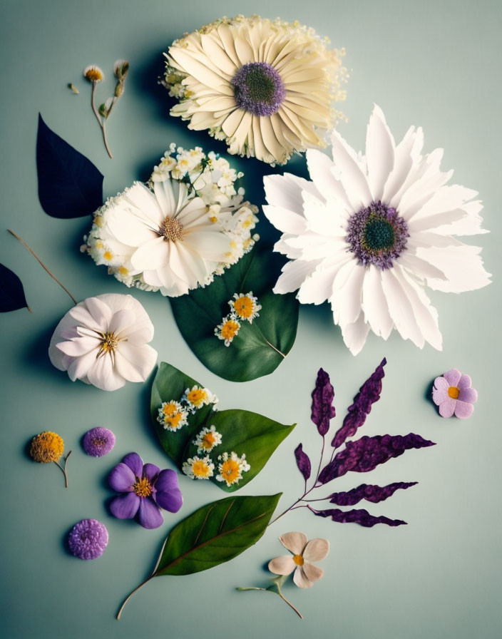 Colorful Flowers and Leaves on Pastel Blue Background