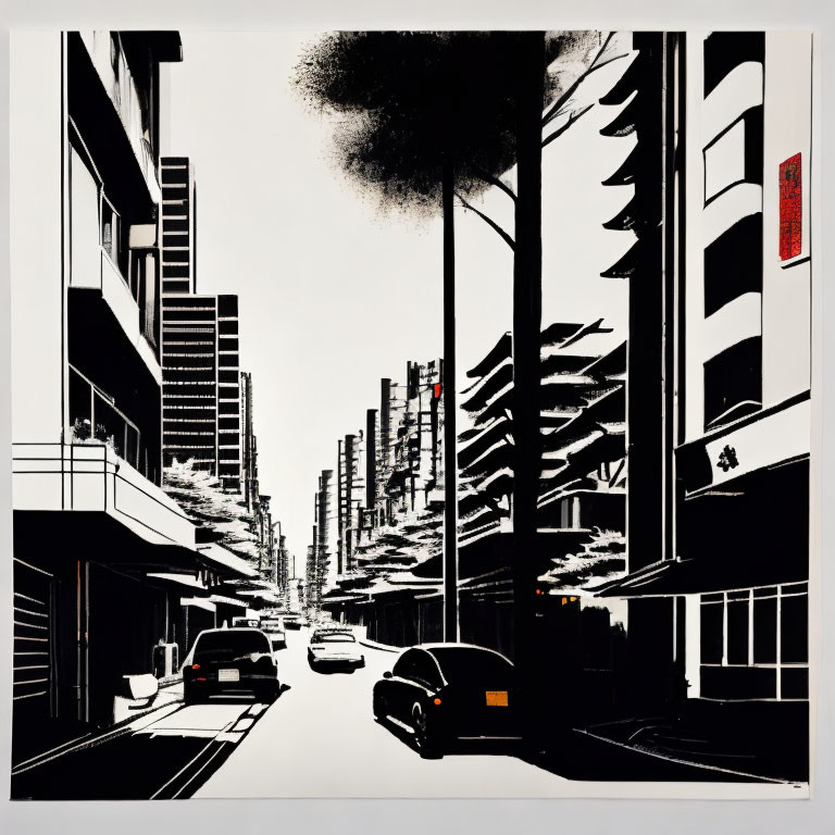 Monochromatic cityscape with high-rise buildings, cars, and a tree in black and white with