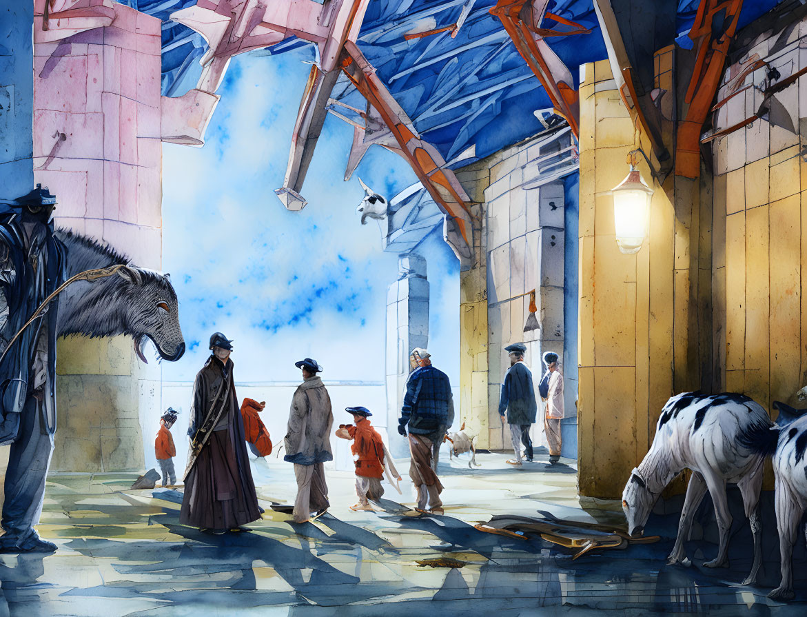 Colorful Watercolor Illustration of People and Animals Under Partially Destroyed Roof