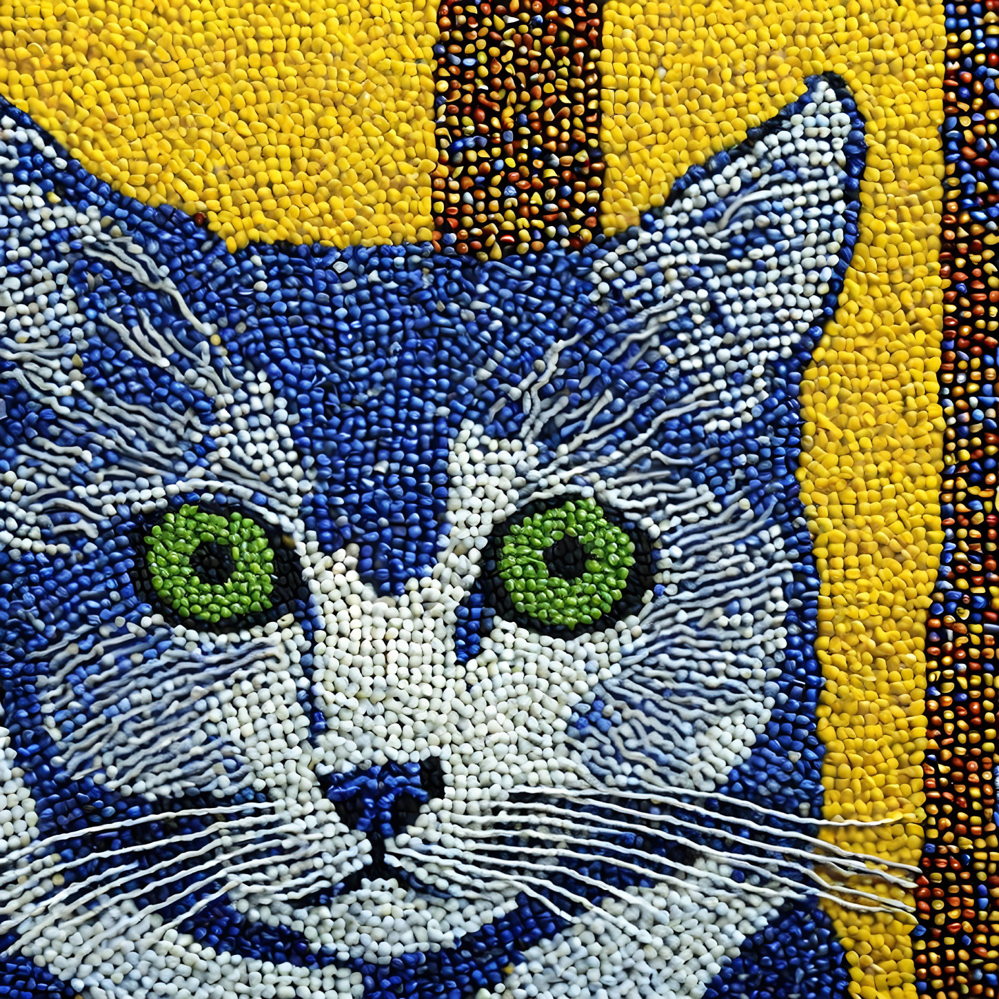 Cat Face Mosaic Artwork in Blue and White Tones