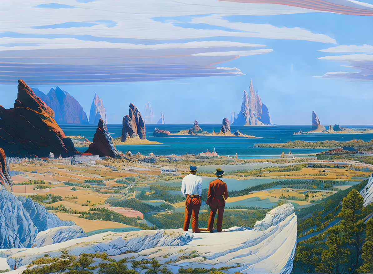 Two People on Cliff Overlooking Fantastical Landscape