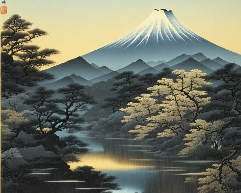 Japanese landscape: Mount Fuji, river, pine and sakura trees at twilight