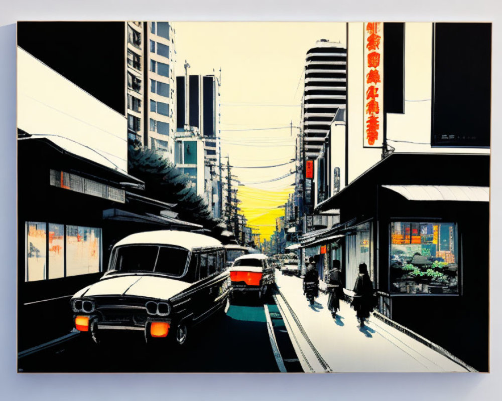 Vibrant street scene with retro cars and towering buildings at sunset