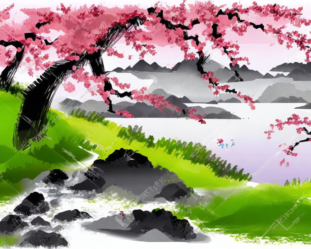 Cherry Blossom Tree Over River and Mountains in Digital Painting