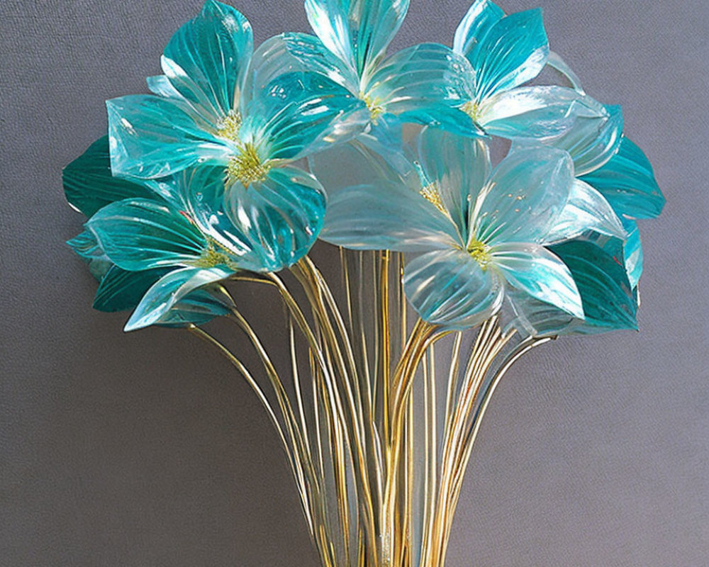 Translucent Blue Glass Flowers with Gold Stems in Vase-like Arrangement